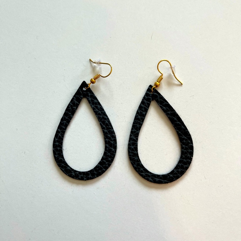 Leather Look Black Teardrop Hoop Earrings